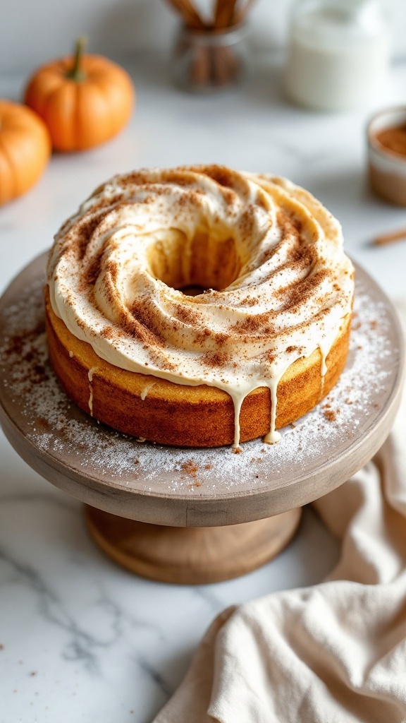 A delicious pumpkin snickerdoodle cake with a cream cheese frosting and cinnamon sprinkle on top.