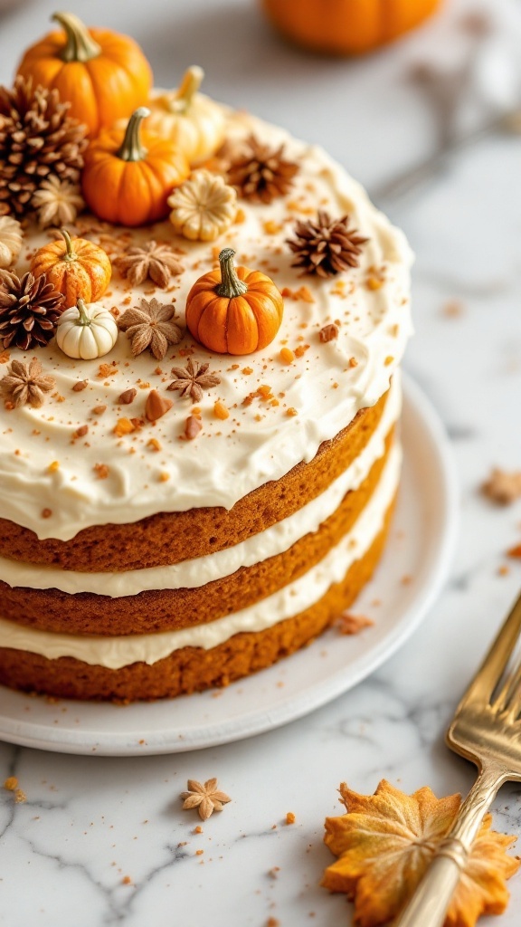 A beautifully decorated Pumpkin Spice Layer Cake with cream cheese frosting and seasonal garnishes.
