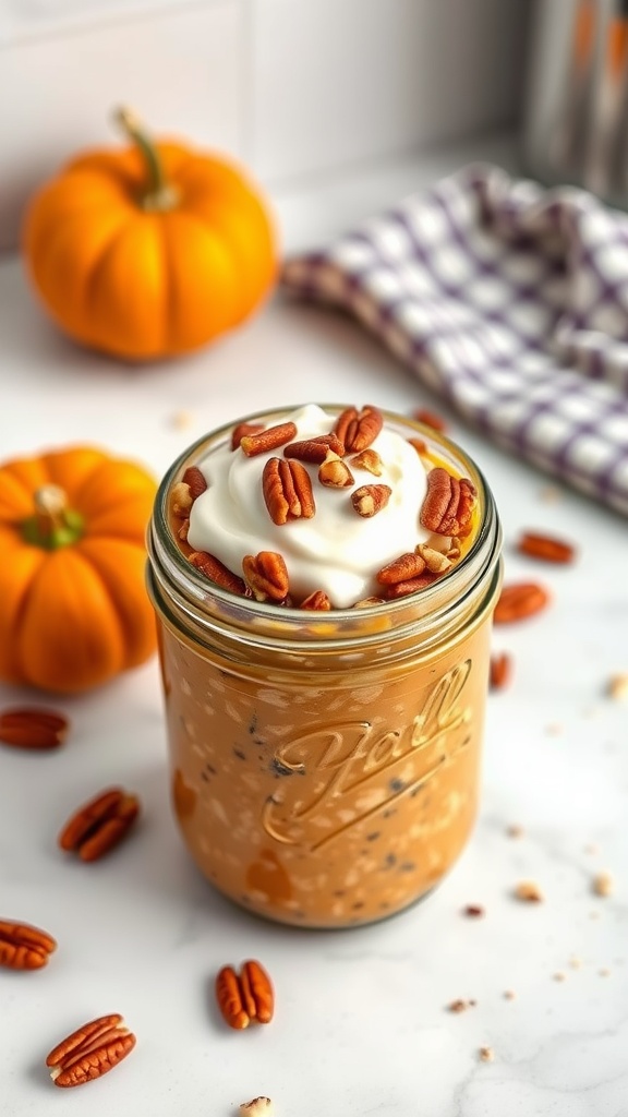 Pumpkin Spice Overnight Oats in a jar with toppings.