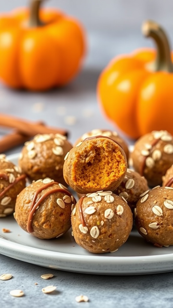 Pumpkin spice protein balls on a plate with oats and pumpkins in the background.