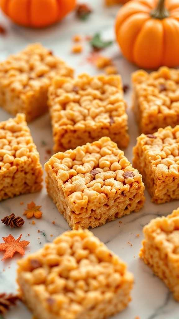 Delicious pumpkin spice rice krispie treats arranged on a platter.