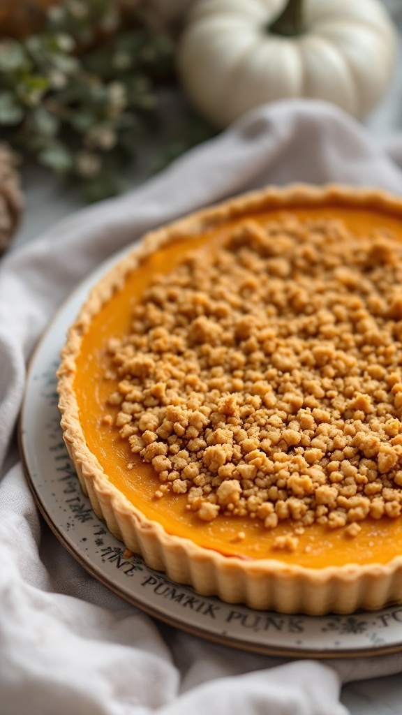A delicious pumpkin tart with a crumble topping.