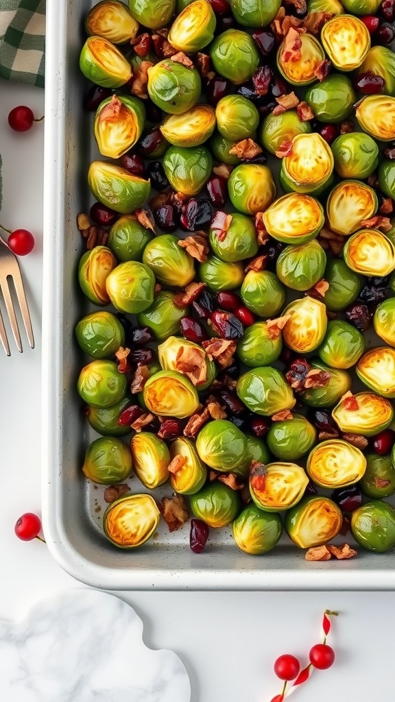 A delicious dish of roasted Brussels sprouts with bacon and cranberries, perfect for Thanksgiving.