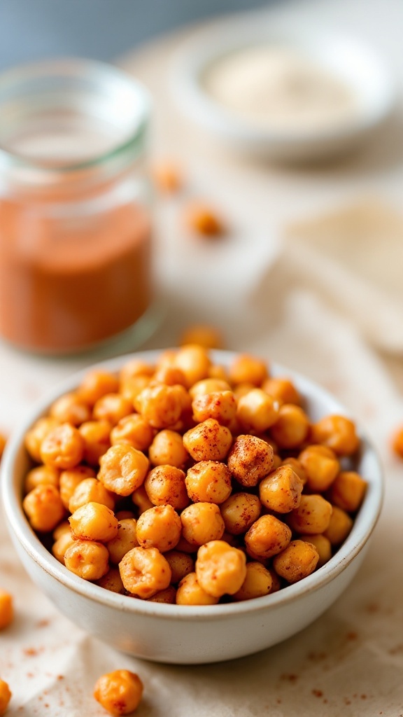Bowl of roasted chickpeas with spices and seasoning scattered around.