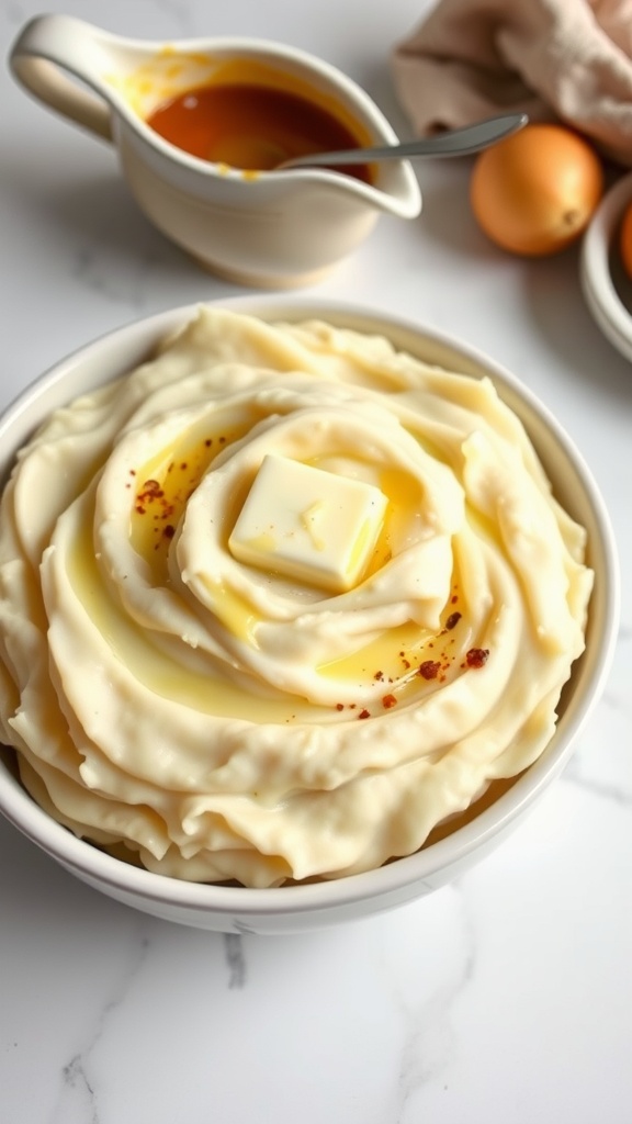 A bowl of creamy roasted garlic mashed potatoes with melted butter on top.