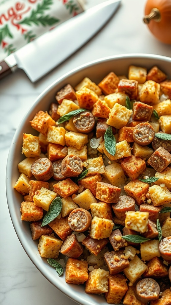 A warm bowl of sage and sausage stuffing, ready to be served on a holiday table.