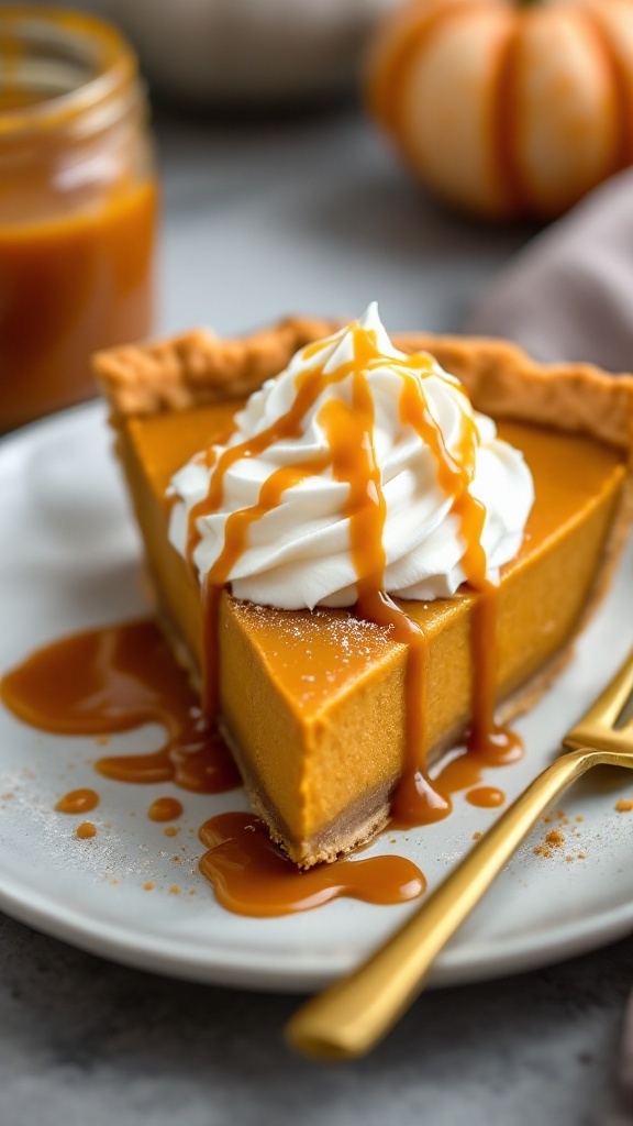 A slice of salted caramel pumpkin pie topped with whipped cream and caramel drizzle.