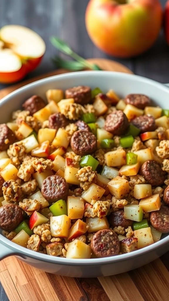 A bowl of sausage and apple stuffing, featuring diced apples, sausage, and herbs.