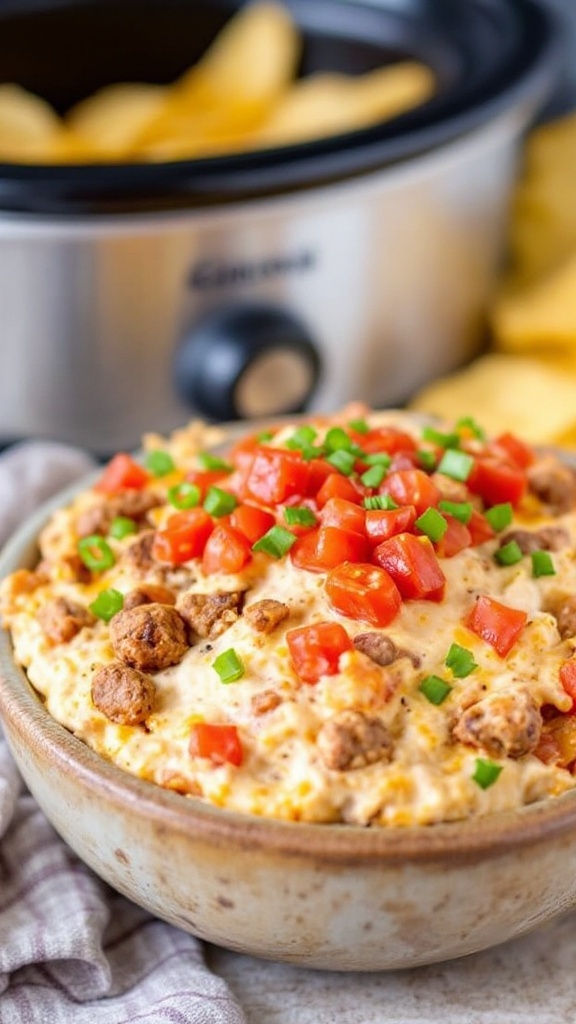 A bowl of sausage and cream cheese dip topped with tomatoes and green onions, served with tortilla chips.