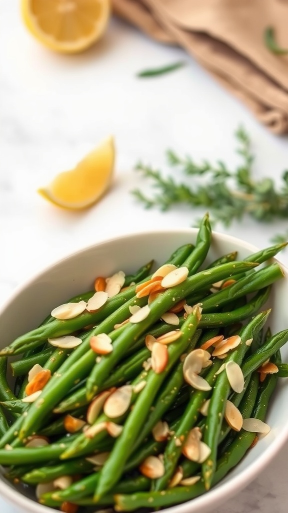 A bowl of sautéed green beans with toasted almonds garnished with a slice of lemon.