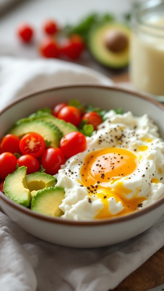 A savory cottage cheese bowl topped with avocado, egg, and cherry tomatoes.