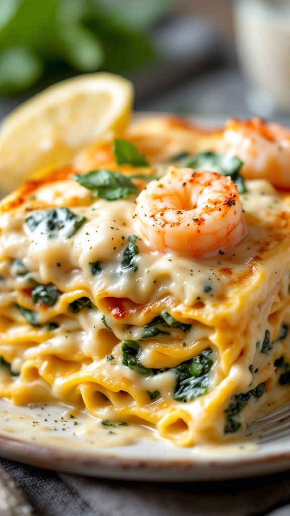 A plate of seafood lasagna topped with shrimp and spinach, garnished with parsley and served with lemon slices.