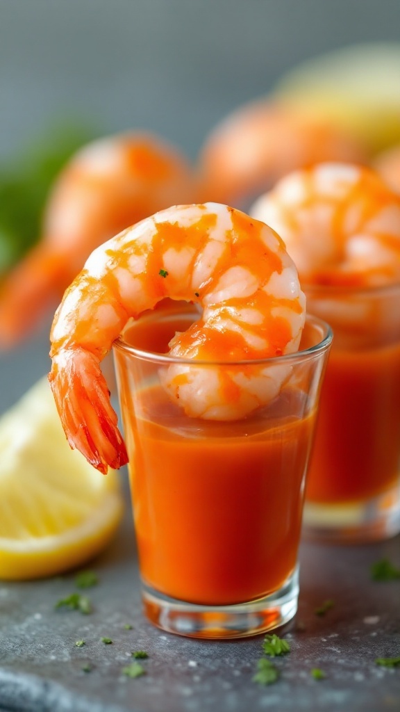 Three shrimp cocktail shooters with shrimp perched on top and lemon slices beside them.