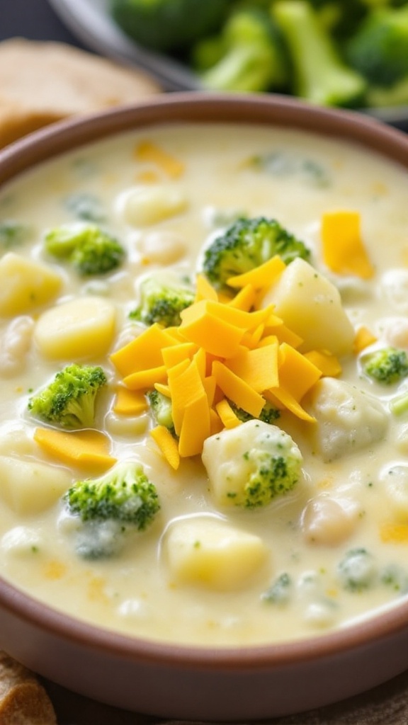 Bowl of creamy broccoli and potato soup topped with cheese.