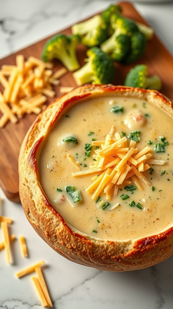 A delicious bowl of broccoli cheddar soup served in a bread bowl, topped with cheese and fresh broccoli.