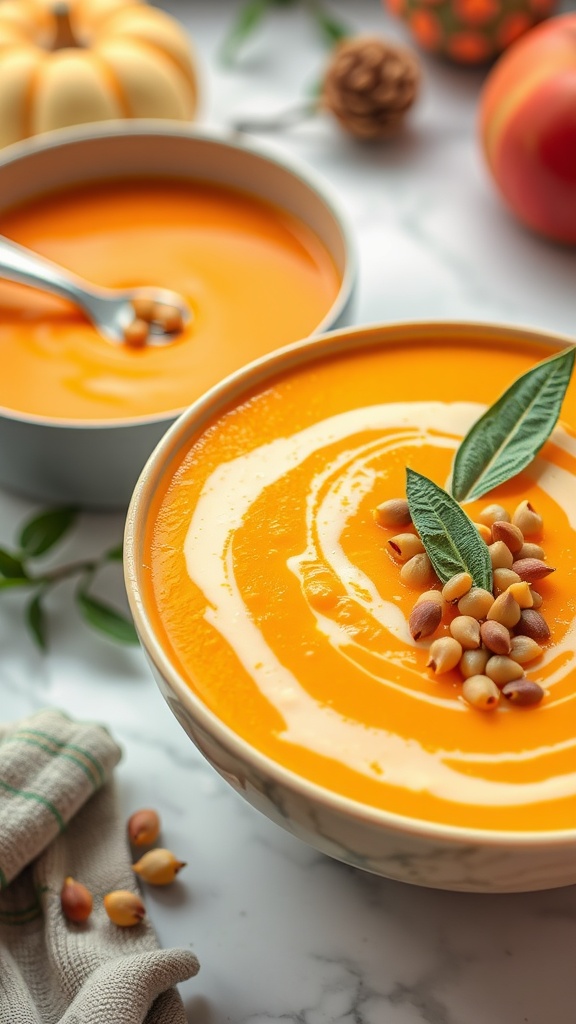 A bowl of creamy butternut squash soup topped with pine nuts and fresh herbs.