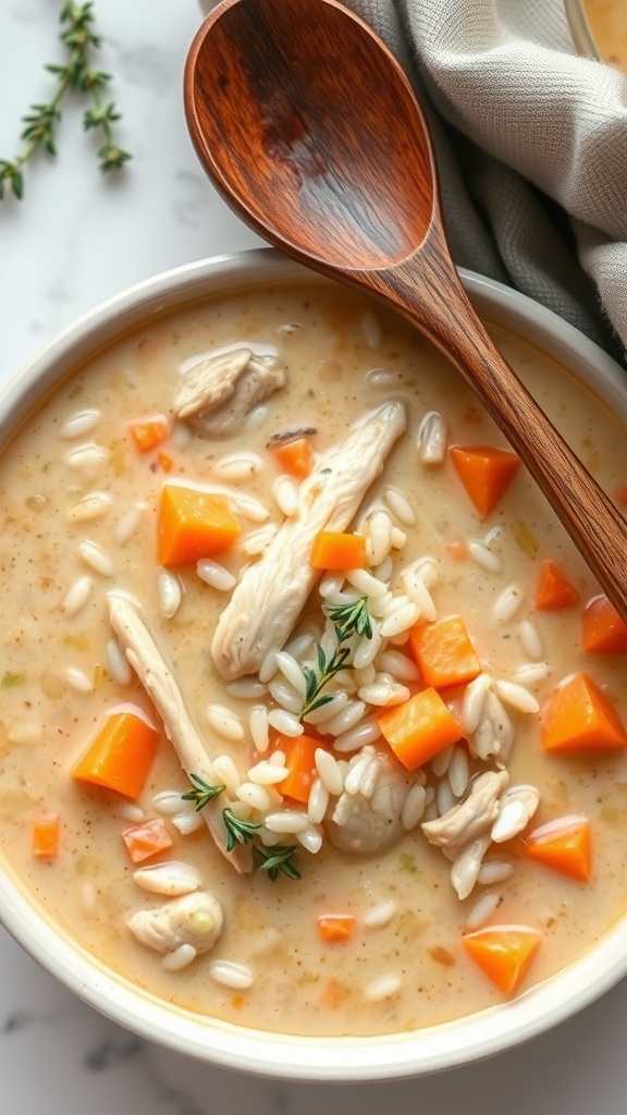 A creamy bowl of chicken and wild rice soup with chunks of chicken, carrots, and rice, garnished with fresh herbs.