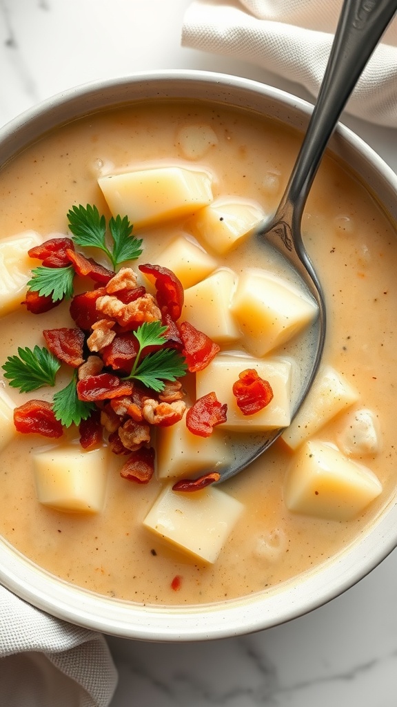 A bowl of creamy bacon potato soup with pieces of potato and garnished with bacon and parsley.