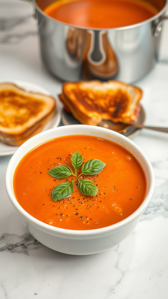 A bowl of creamy tomato basil soup garnished with basil leaves, with grilled cheese sandwiches in the background.