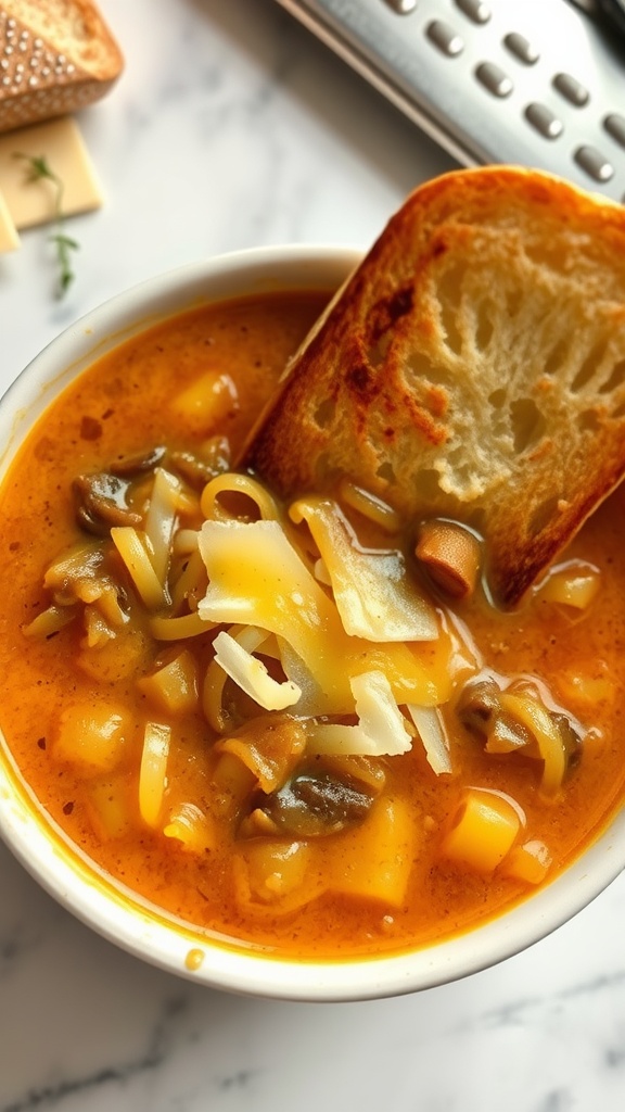 A bowl of French onion soup topped with cheese and a slice of crusty bread.