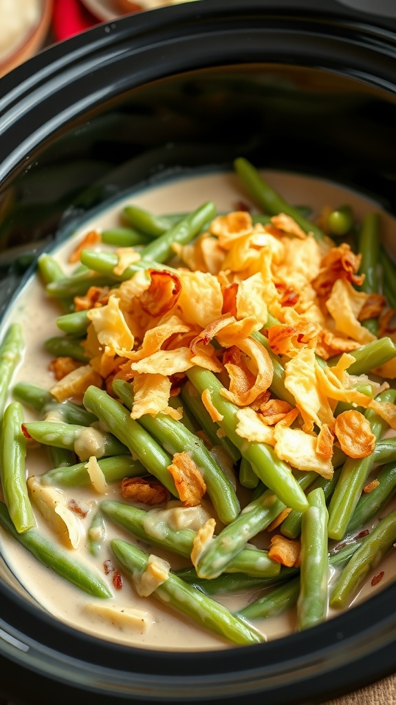 A delicious green bean casserole with crispy topping ready for Thanksgiving.