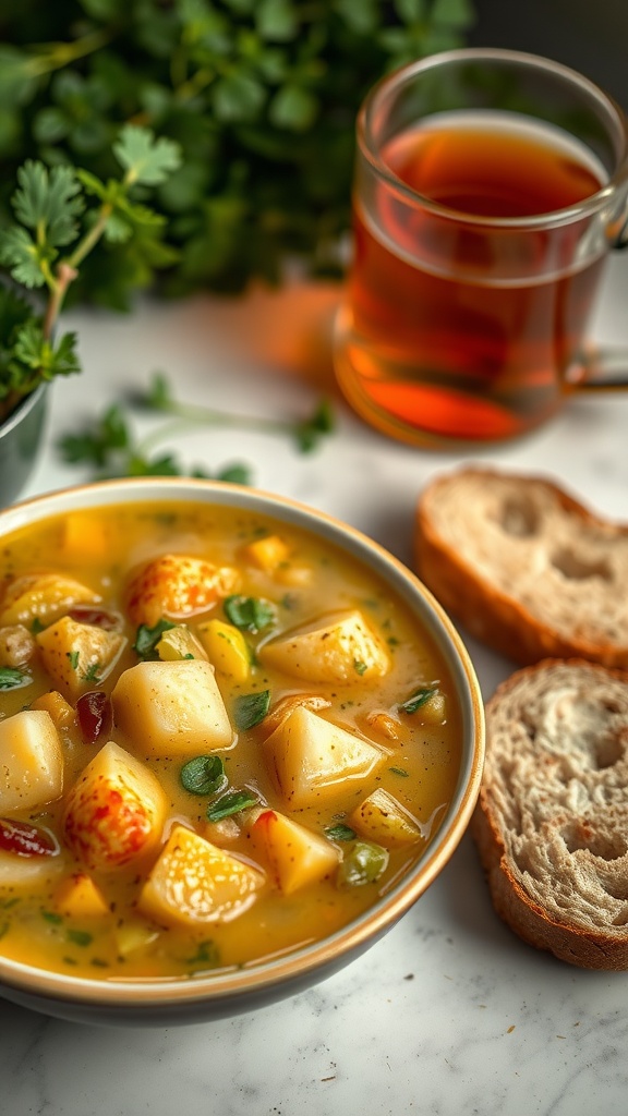 A bowl of Irish potato soup garnished with parsley, served with bread and a glass of tea.