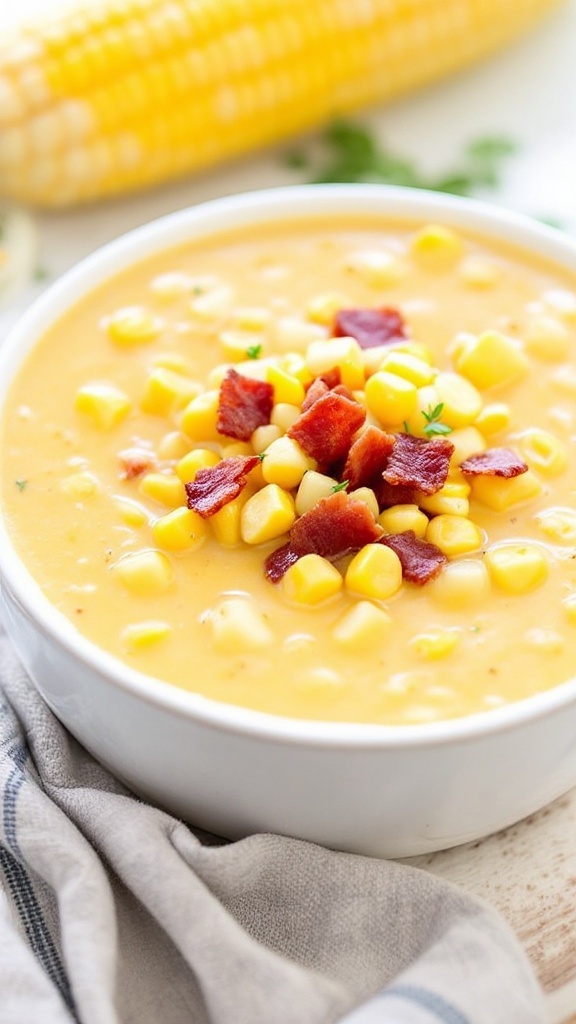 A bowl of creamy potato corn chowder topped with bacon and corn.