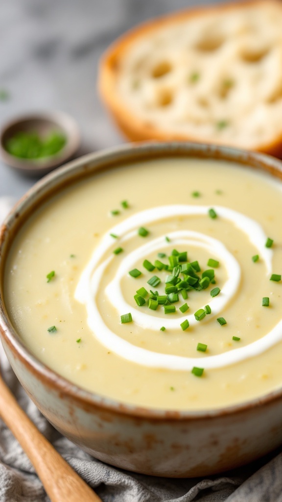 A creamy bowl of potato leek soup garnished with chives, accompanied by slices of bread.