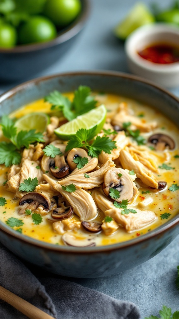 Bowl of creamy Thai coconut chicken soup with mushrooms and lime