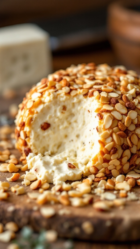 A delicious cheese ball made with smoked Gouda and coated with almonds on a wooden board.