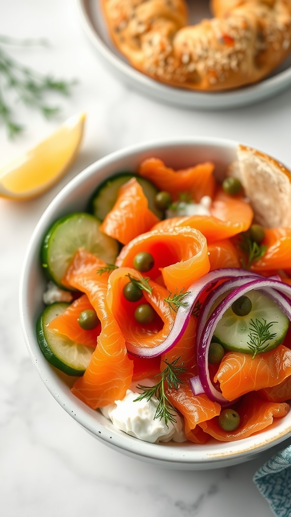 A bowl filled with smoked salmon, cucumber slices, and cottage cheese, garnished with dill and capers.