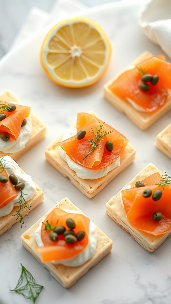 Smoked salmon puff pastry squares topped with cream cheese, dill, and capers