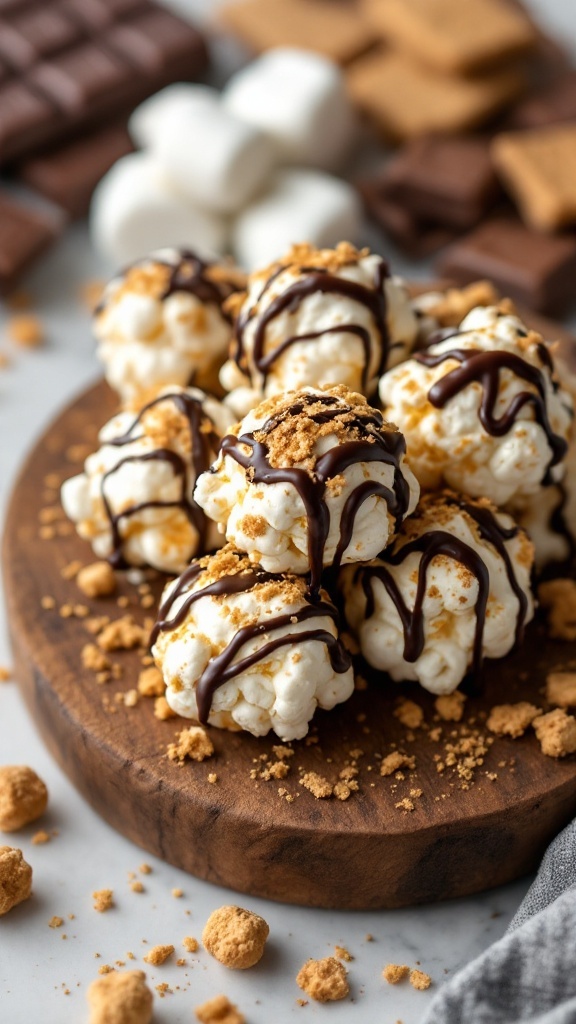 S'mores popcorn balls on a wooden platter, drizzled with chocolate and sprinkled with graham cracker crumbs.