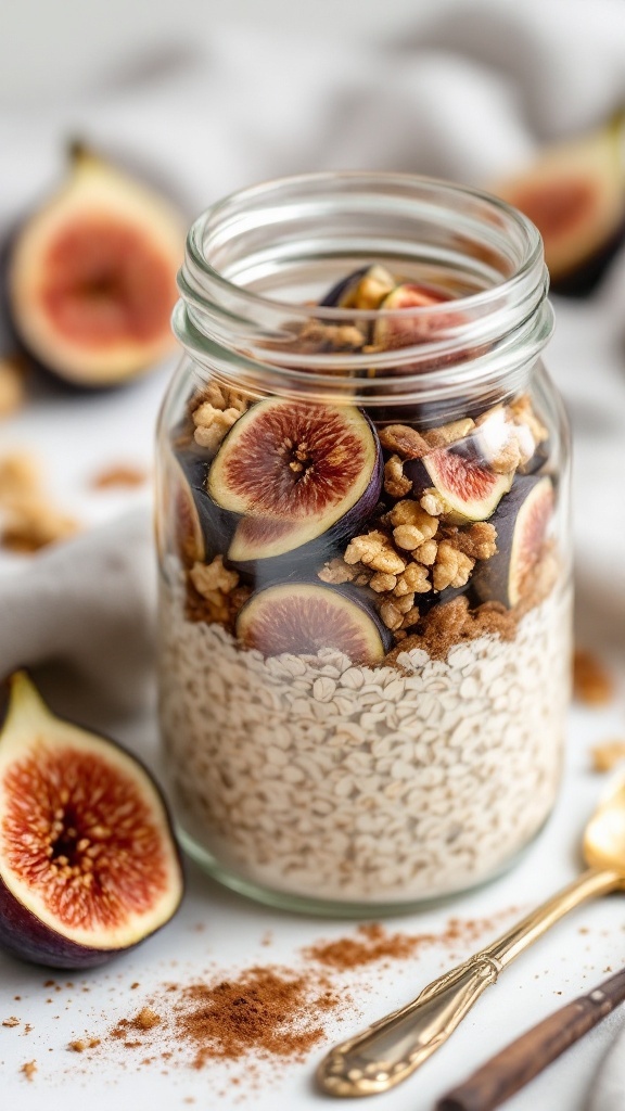 A jar of spiced fig and walnut overnight oats topped with figs and walnuts, ready for breakfast.