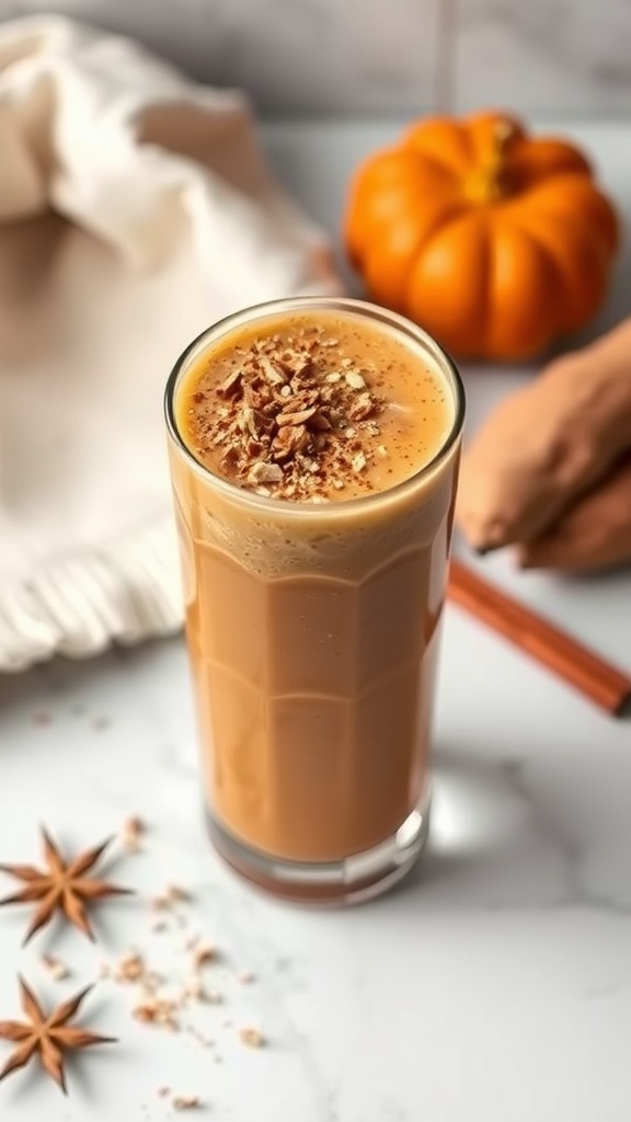A delicious spiced sweet potato smoothie topped with nuts and spices, with a pumpkin in the background.