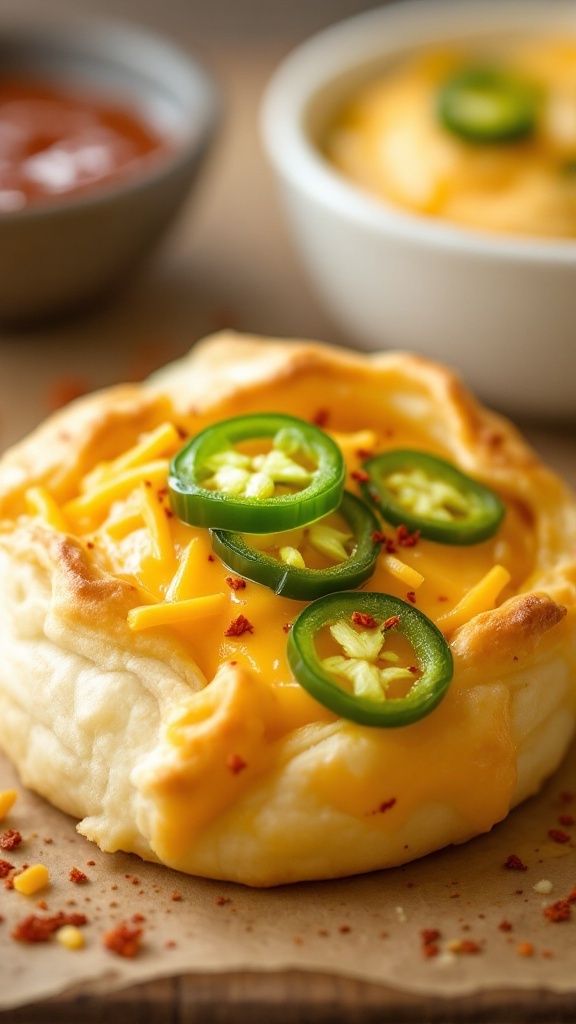 Delicious spicy cheese and jalapeño puff pastry bites topped with fresh jalapeño slices.