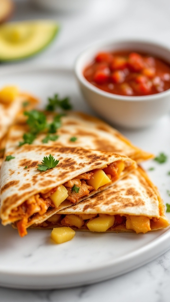 Spicy pineapple chicken quesadillas served with salsa