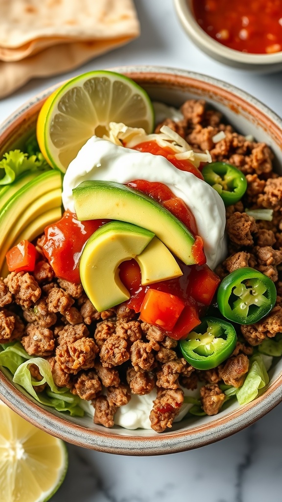 A delicious Spicy Taco Cottage Cheese Bowl with various toppings.
