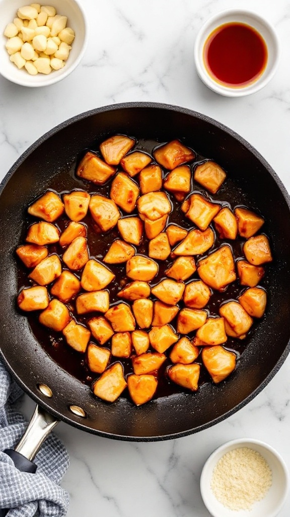Cooked teriyaki chicken pieces in a skillet with sauce.