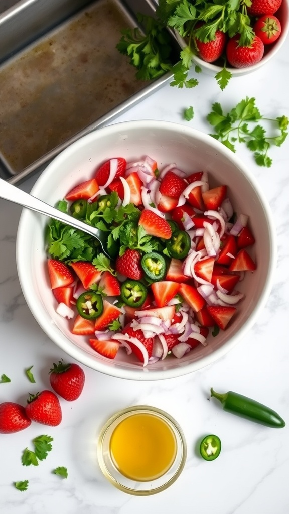 A vibrant bowl of strawberry pico de gallo with chopped strawberries, onions, jalapeños, and cilantro, alongside fresh strawberries and olive oil.