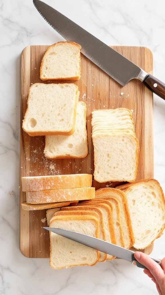 Sliced bread on a cutting board, ready for making French toast sticks.