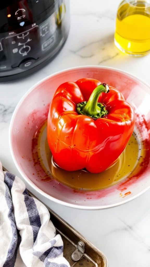A red bell pepper being drizzled with olive oil on a countertop.