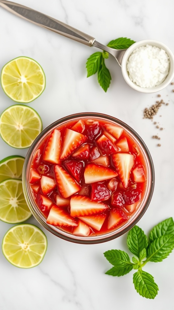 A hand stirring a bowl of strawberry mixture with fresh strawberries and lemon halves on the side.