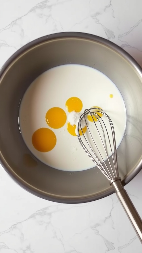 A bowl with milk, eggs, and a whisk, ready to make the dipping mixture for French toast sticks.