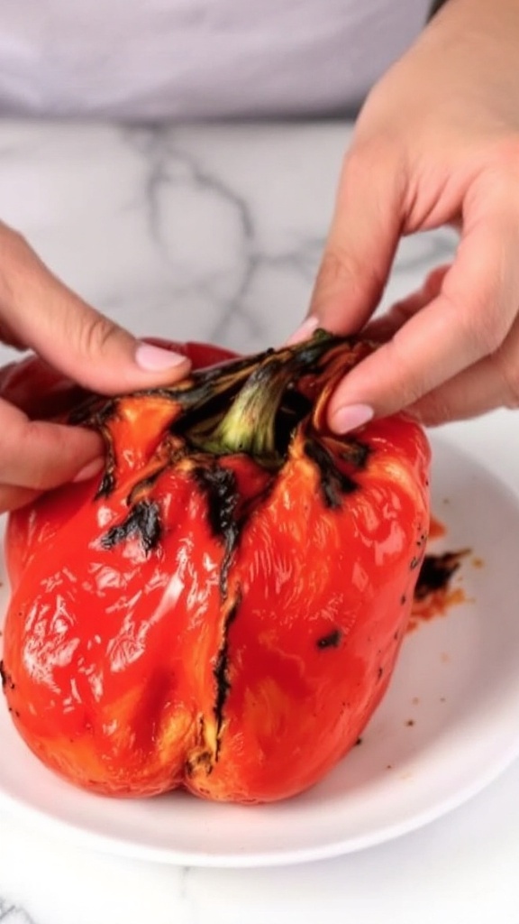 A hand peeling a roasted red pepper, with another pepper on a plate.