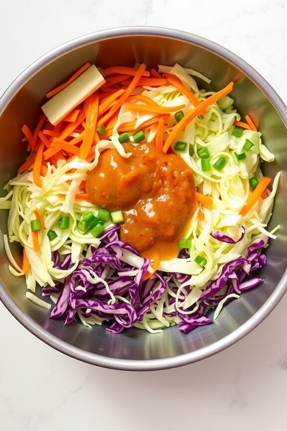 A bowl filled with vibrant slaw ingredients including cabbage, carrots, and green onions, ready to be mixed with a tangy dressing.