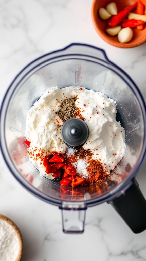 A blender filled with cottage cheese, roasted red peppers, and spices, ready for blending.