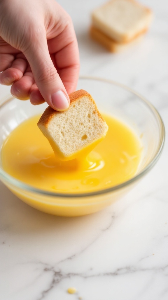 Person dipping breadsticks into a bowl of egg mixture.