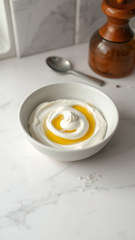 A bowl of Greek yogurt topped with honey, with a spoon nearby and a wooden pepper mill in the background.
