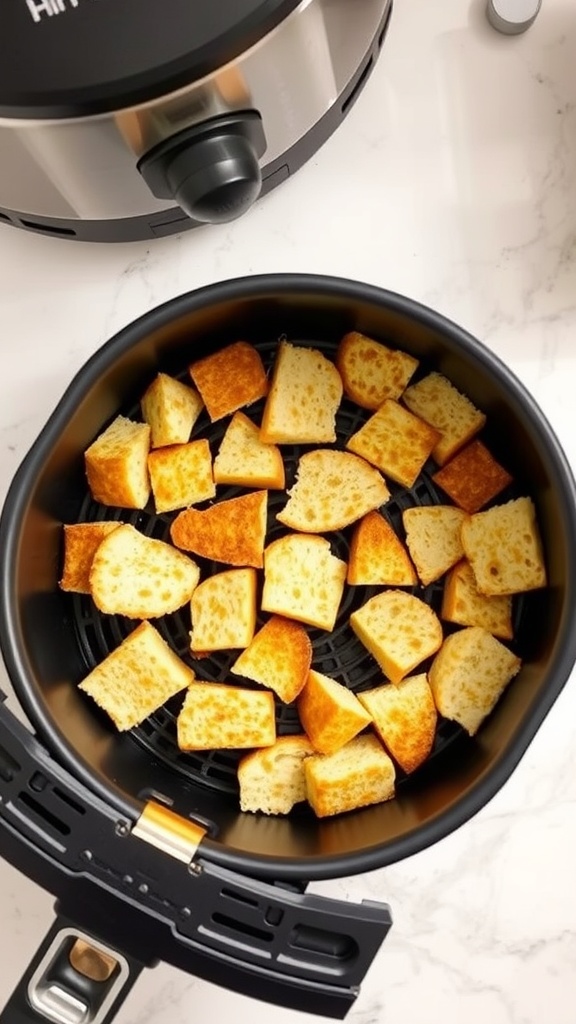 Golden brown French toast sticks in an air fryer basket